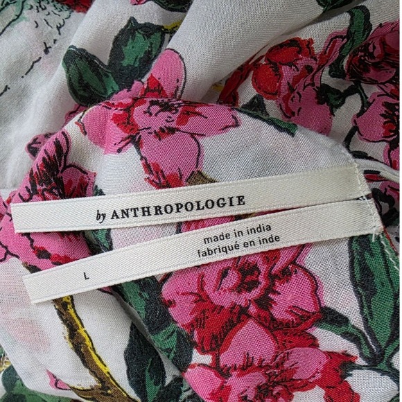 Anthropologie Women Sz L Floral Bird Print Slip Dress White Pink Green Whimsy - Picture 6 of 10
